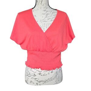 Bar III Women's Size Large Coral Wrap Style Shirred Crop Blouse